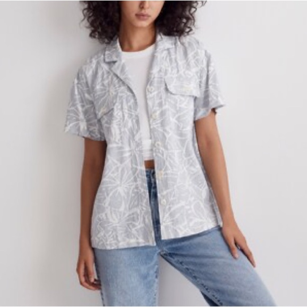 Madewell Abstract Flora Button Down Camp Shirt Blue White Linen Blend S NWOT